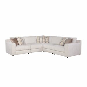 Ventura Sectional in Norse Bone (body Performance Fabric), Wendy Bronze (pillows), Copeland Maize (pillows) Above Sectional consists of 1 LAF Chair, 1 RAF Chair, 2 Armless Chairs, 1 Square Corner
